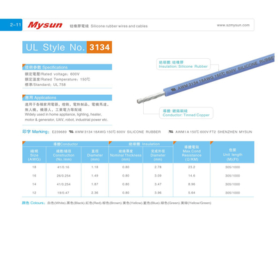Yelow de los cables 14AWG 600V/150C pie2 de la goma de silicona UL3134/luz verde del aparato electrodoméstico del robot