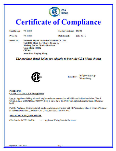 Porcelana Shenzhen Mysun Insulation Materials Co., Ltd. certificaciones